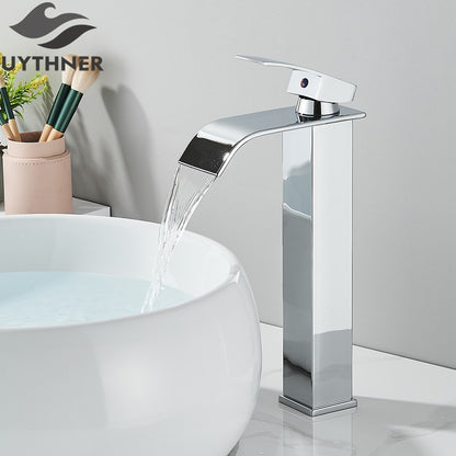 Brushed Golden Basin Faucets Elegant Waterfall Bathroom Sink Faucet Single Lever Hole Deck Mount Brass  Mixer Taps