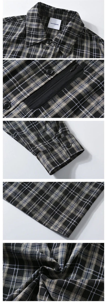 Autumn Y2K Vintage Plaid Shirts For Men Long Sleeve Button Up Blouse Korean Fashion Zip Pocket Cargo Shirt Streetwear Clothes