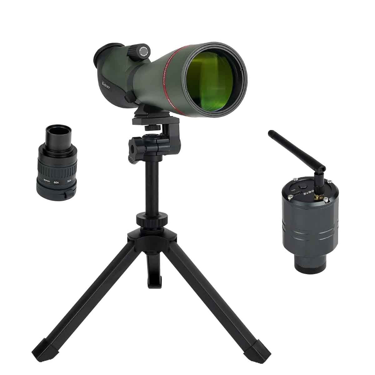 Telescópio terrestre Svbony SA412 20-60X80 com câmera Wi-Fi para fotografia e observação de pássaros
