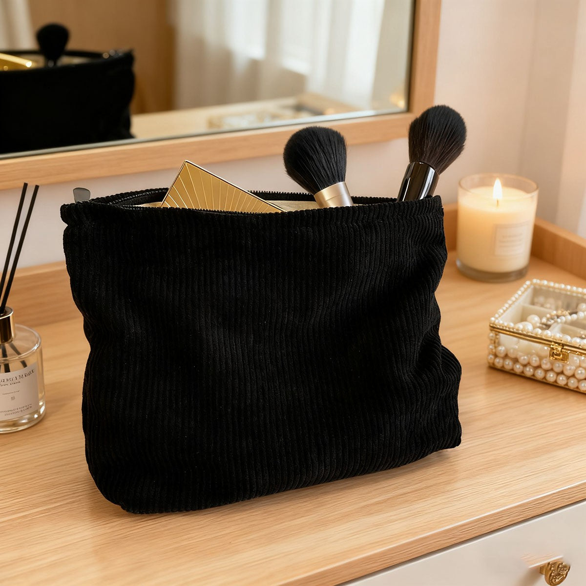 Corduroy Travel Cosmetic Bag Portable Makeup Storage Bag Purses Women Large Capacity Zipper Make Up Organizer Storage Clutch