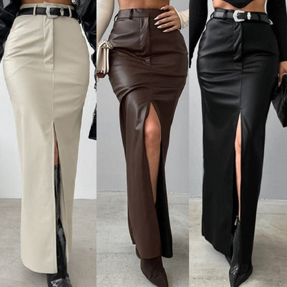 Women High Waist PU Leather Skirts Ladies Solid Slim Maxi Long Skirts