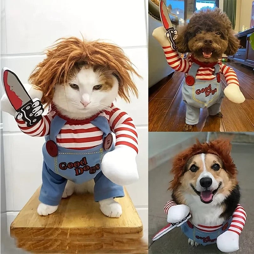 Dog Halloween Costume Pet Deadly Doll Chucky Dogs Costume with Wig, Dog Costumes for Medium Dogs Funny Party Cosplay Halloween