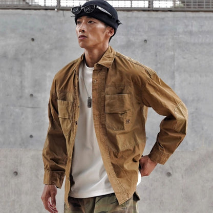 Vintage Patchwork Design Men Autumn Tactical Function Cargo Shirts Y2K High Street Techwear Style Long Sleeve Tops camisetas