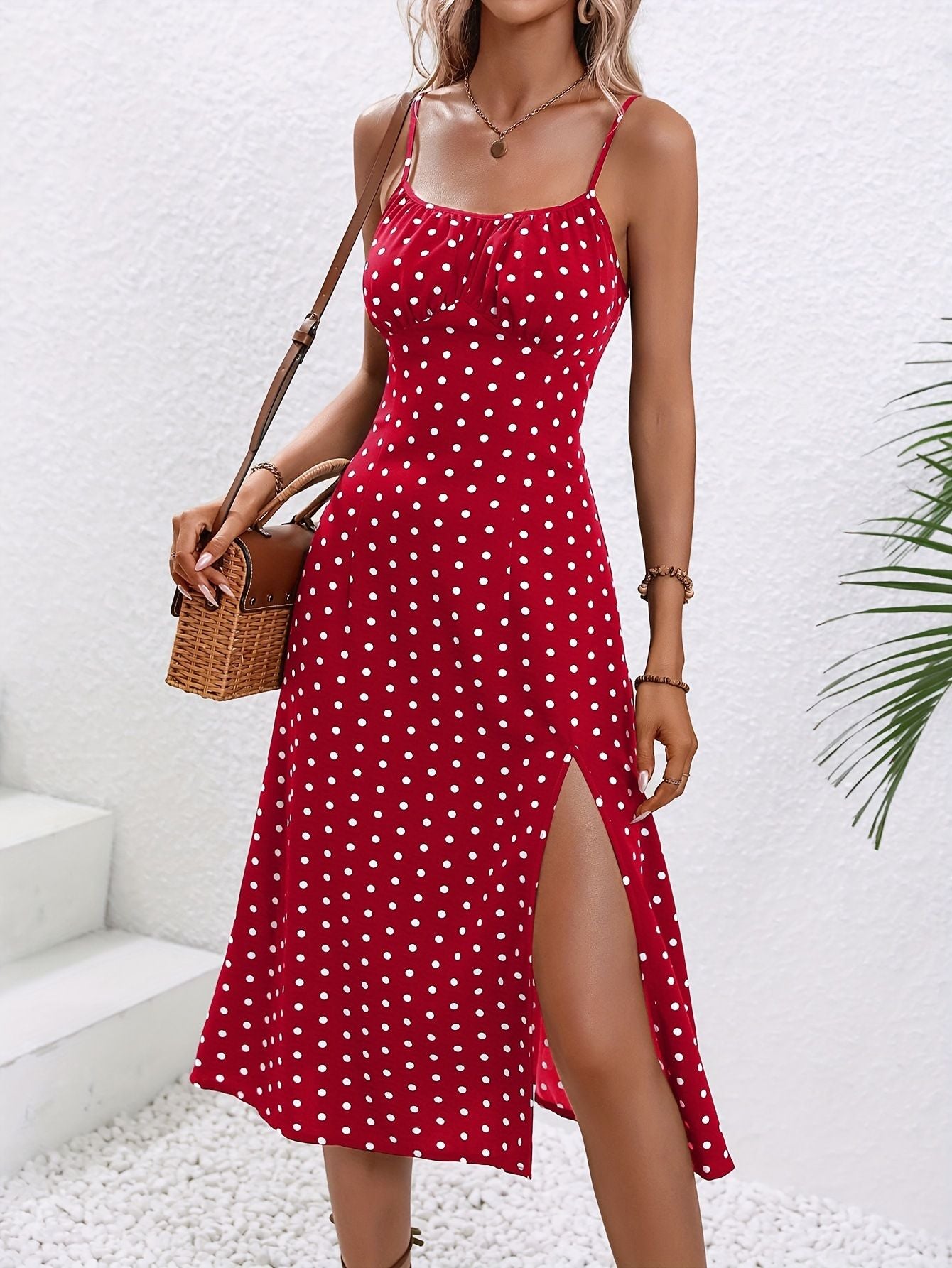 2024 Summer Sexy Spaghetti Straps Dress Women Fashion Polka Dot Print Sleeveless