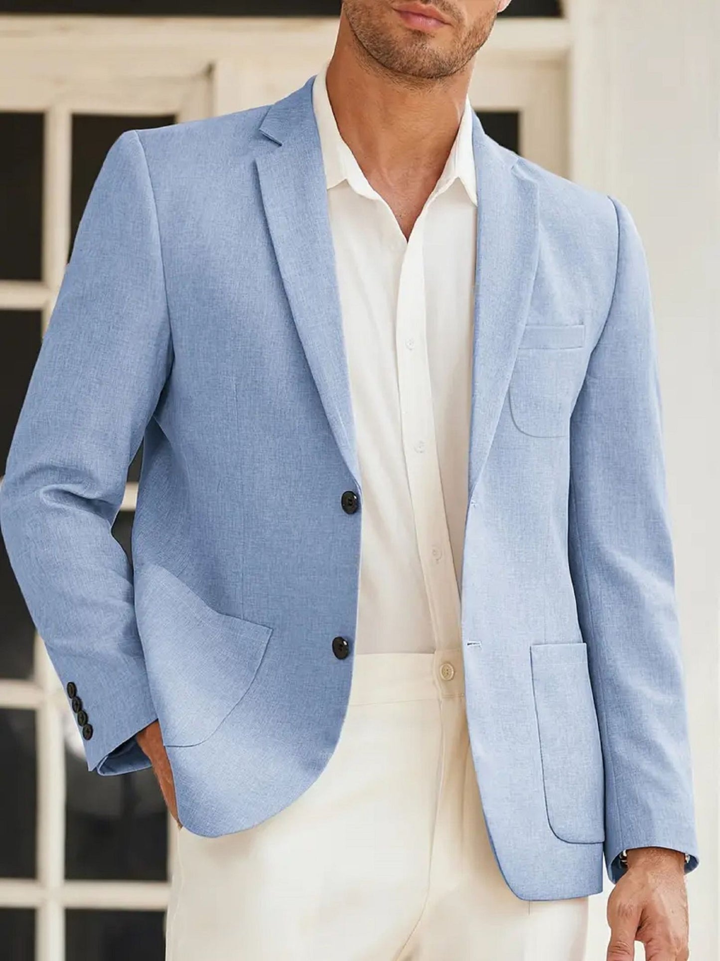 Men's Multi-Flap Pocket Pants Fashionable Slim Two-Button Blue Suit Jacket Suitable for Spring and Autum Business Banquet, Daily Outdoor Casual Men's Suit