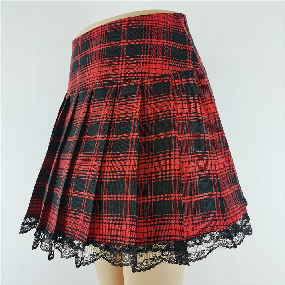 New Contrast Lace Plaid Pleated Skirt Vintage Sexy Skater Clothes Harajuku Gothic Punk England Style Y2k Skirt
