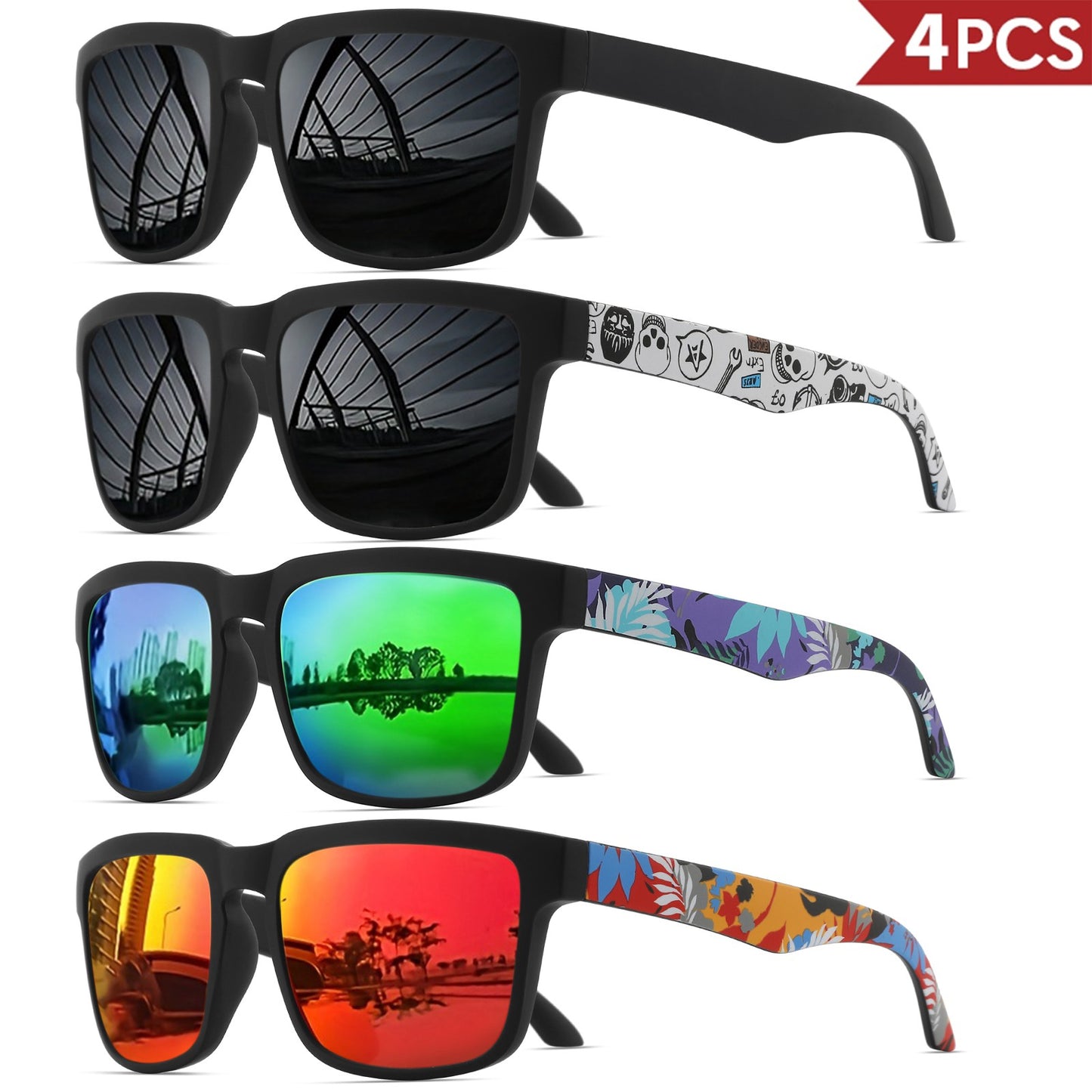 4PCS Square Sports Sunglasses with Designer Temple Pattern - UV400 for Men Women, Beach Vacation