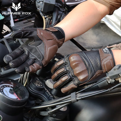 Luvas de Couro Perfurado Retrô de Verão para Motocicleta Masculino Feminino Luvas de Dedo Completo para Motocross Motoqueiro Guantes Moto Equipamento M-XXL