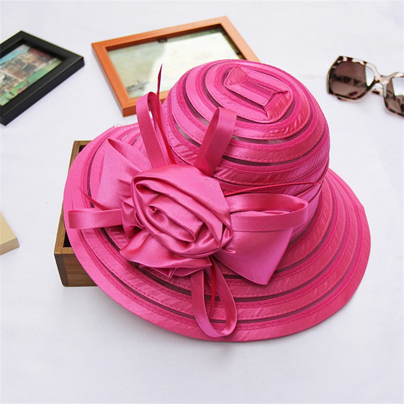 Chapéus de Sol de Organza Femininos Elegantes Chapéu Bucket para Mulheres Chapéu de Festa de Casamento na Igreja Chapéu Fedora Floral Grande de Aba Larga da Moda de Verão