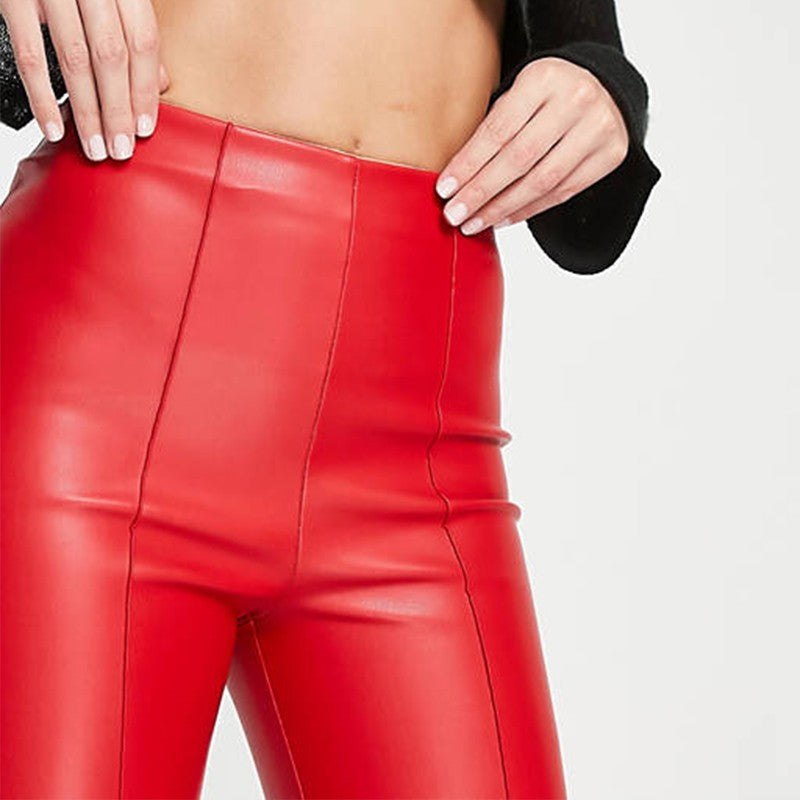 Casual England Style PU Faux Leather Leggings Women Elastic Mid Waist Leather Pencil Pants PU Trousers Fashion Slim Custom