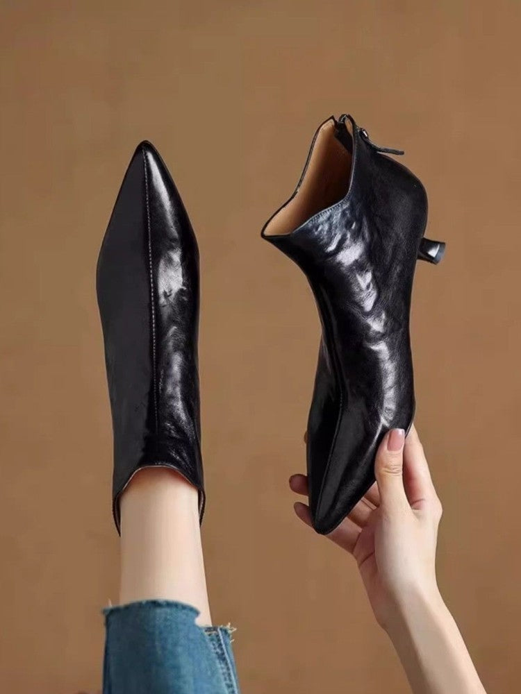 Elegant with Medium Heels Booties Autumn Winter Fleece-Lined Female Short Shoes Pointed Toe Leather Chelsea Women's Ankle Boots