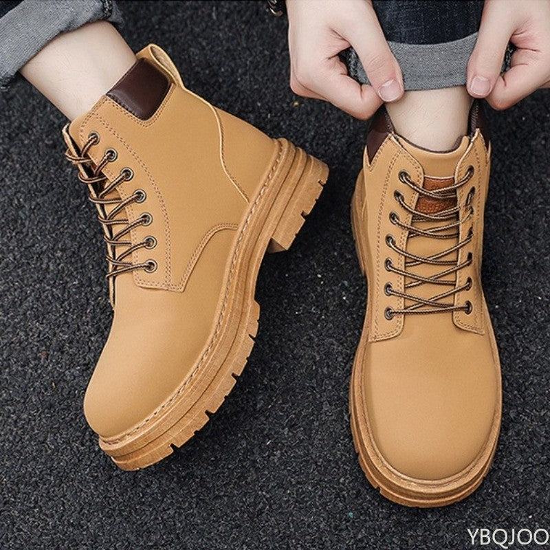Bota Masculina Cano Alto Aumento de Altura Sola Grossa Primavera Outono Tamanho Grande Tendência Nicho Versátil Antiderrapante Bota Curta