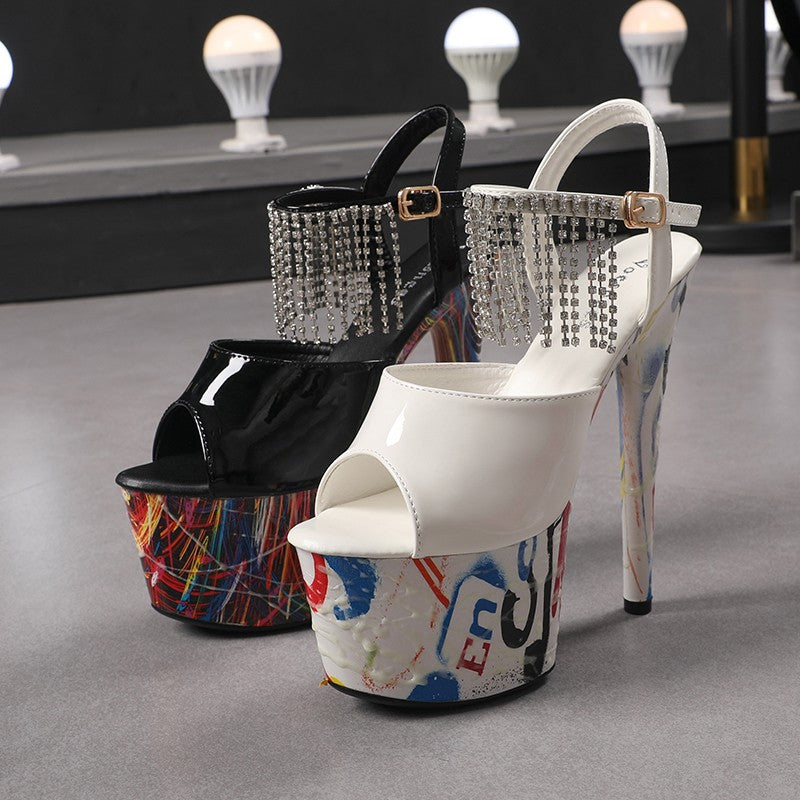 17CM Summer Shoes Women luxury Sandals Platform Ladies Shoes Stripper Womens High Heels Geometric Fluorescent Night light Heels