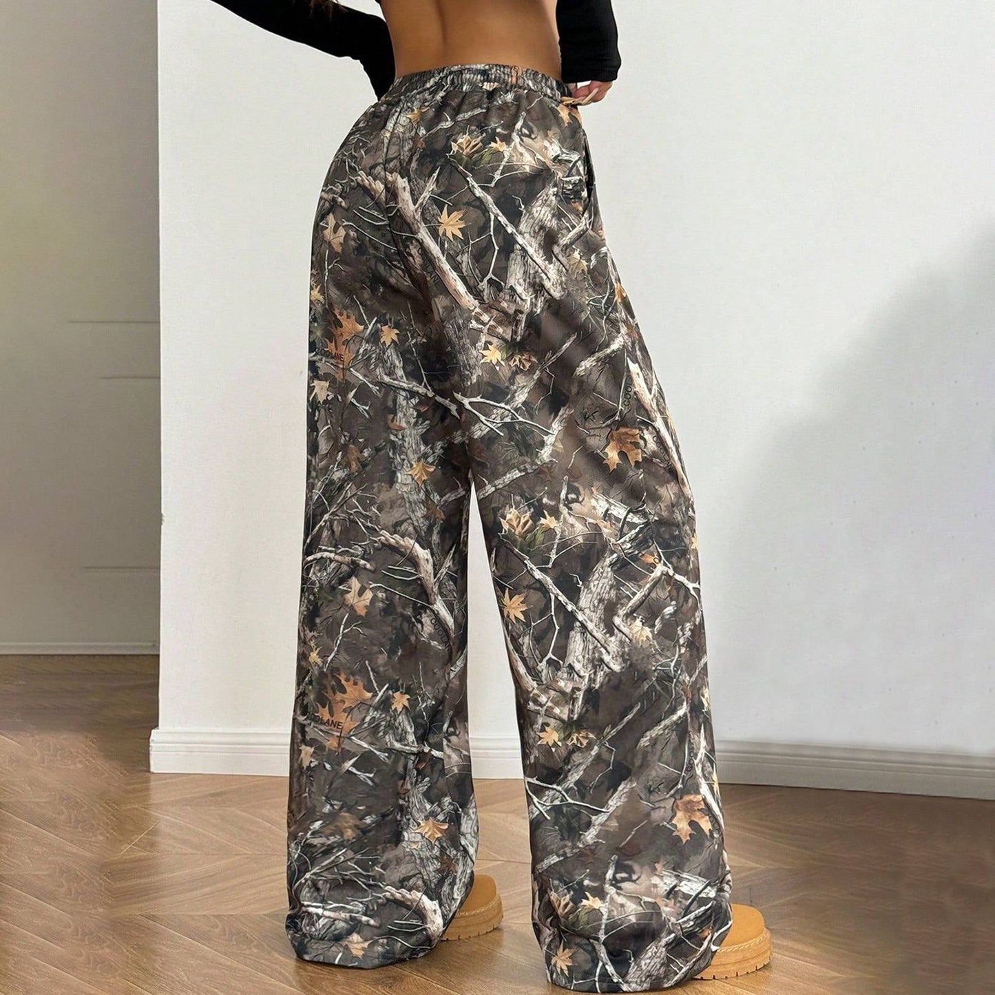 Women's Wide Leg Camo Pants Lightweight Elastic Waist Camouflage Print Loose Pants Trousers Y2K Vintage Streetwear