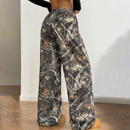 Women's Wide Leg Camo Pants Lightweight Elastic Waist Camouflage Print Loose Pants Trousers Y2K Vintage Streetwear