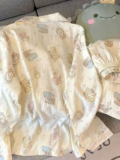 2-Piece New Women's High-Aesthetic Pajama Set for Autumn & Winter - INS-Style, Cartoon Bear Print, Fresh & Sweet, Top Choice for