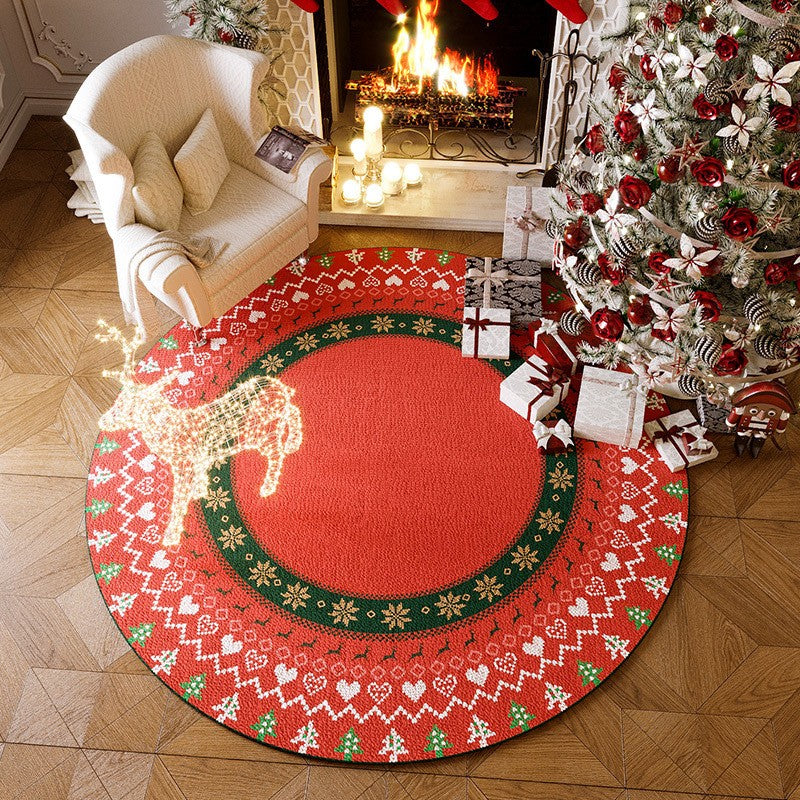 VIKAMA Christmas Round Crystal Velvet Carpet, Living Room Sofa Mat, Non-slip Bedroom Bedside Rug, Holiday Home Decoration