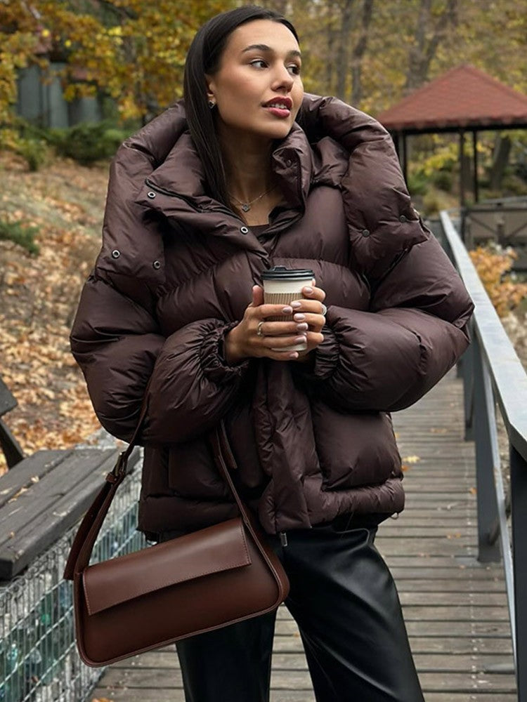 Casual Hooded Padded Jackets Women's Loose Full Sleeves Zipper Pockets Stand Collar Coats 2025 New Autumn Winter Ladies Outwear