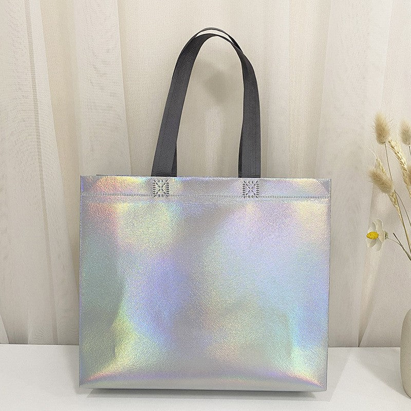 10Pcs Reusable Silver Laser Tote Bag Durable Non Woven Gift Shopping Bag for Wedding Bridesmaid Party Birthday Eco Friendly