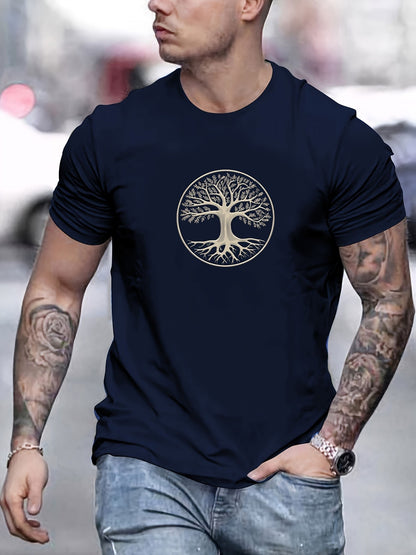 Men's summer 100% pure cotton fashionable casual sports wide pine pattern printed sports round neck short sleeved T-shirt top