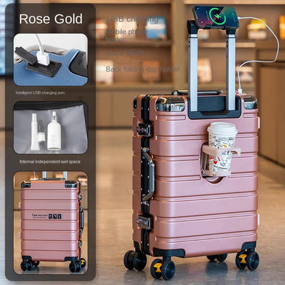 Malas de viagem aprimoradas: mala de 20 polegadas e mala de grande capacidade de 28 polegadas com rodinhas silenciosas com freio, porta-copos e porta de carregamento USB