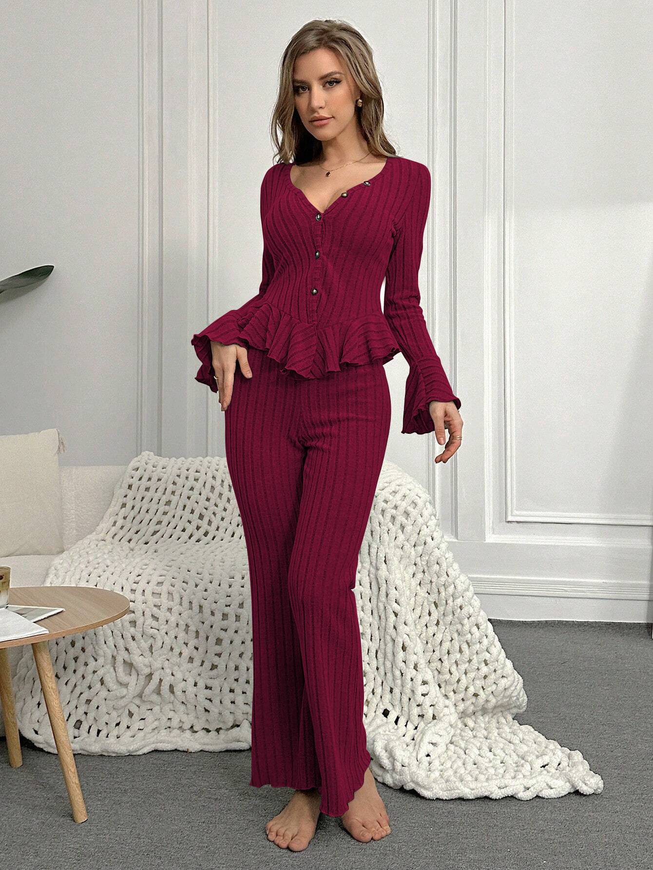 Home Wear Sexy V-neck Fashionable Length Pants Set Autumn Winter Comfortable Casual Slim Fit Women Two-piece Set pajama