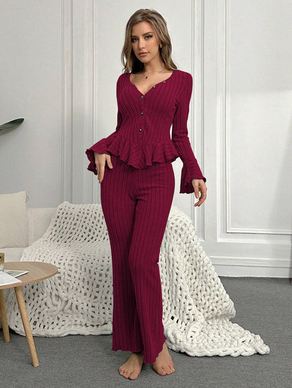 Home Wear Sexy V-neck Fashionable Length Pants Set Autumn Winter Comfortable Casual Slim Fit Women Two-piece Set pajama