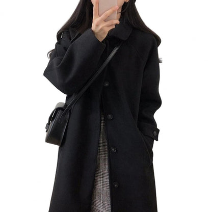 Japanese Style Women Woolen Coat Turn-down Collar Single-breasted Pockets Women Overcoat Front Placket Cardigan Thick Wool Coat