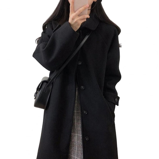 Japanese Style Women Woolen Coat Turn-down Collar Single-breasted Pockets Women Overcoat Front Placket Cardigan Thick Wool Coat