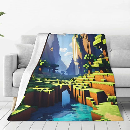 Cartoon Mines Pixel Game Crafts Flannel Blanket Super Warm Throw Blanket for Home Decor Decorative Street Trend Bedspread