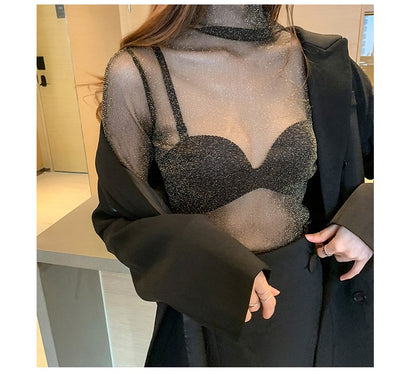 Spring Summer Women's Sexy See Through Mesh Blouse Long Sleeve Transparent Shining Elegant Shirt Fashion Women Tops 2025