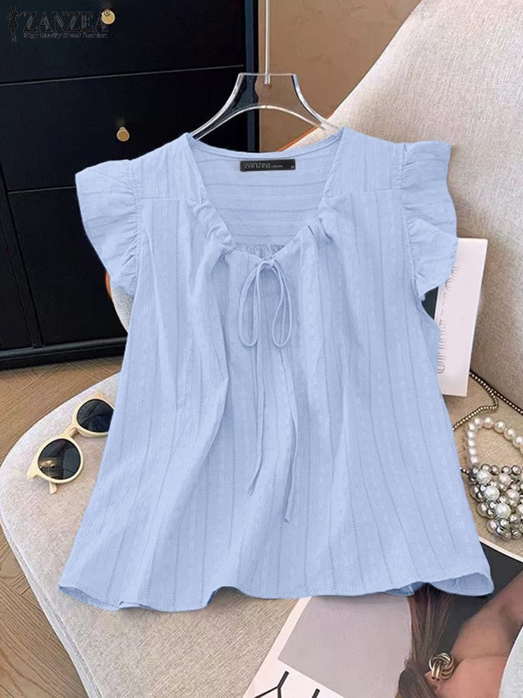 2025 ZANZEA Summer Elegant Shirt Women Sleeveless Holiday Blouse Stylish Tanks Tops Casual Solid Cotton Camis Mujer Blusas Femme