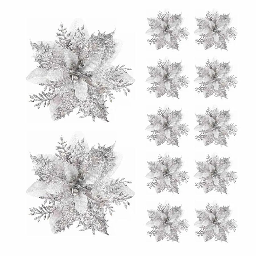 10pcs 14cm Glitter Poinsettia Christmas Artificial Flowers with Clips DIY Xmas Tree Ornaments Wreath Fireplace Decorations