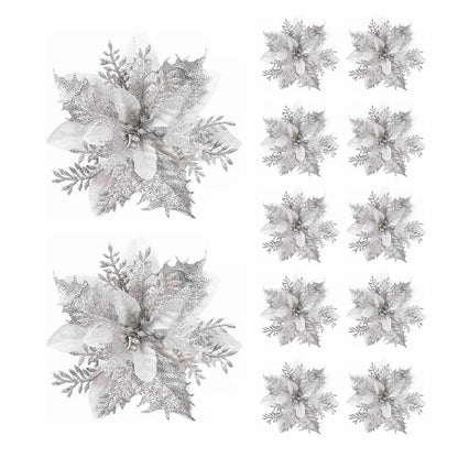 10pcs 14cm Glitter Poinsettia Christmas Artificial Flowers with Clips DIY Xmas Tree Ornaments Wreath Fireplace Decorations