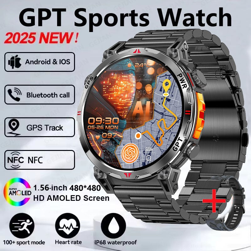 Smartwatch Esportivo 2025 com GPS, GPT, AMOLED de 1,56 polegadas, 488*488, Monitoramento de Frequência Cardíaca, Oxigênio no Sangue e Pressão Arterial, 3ATM