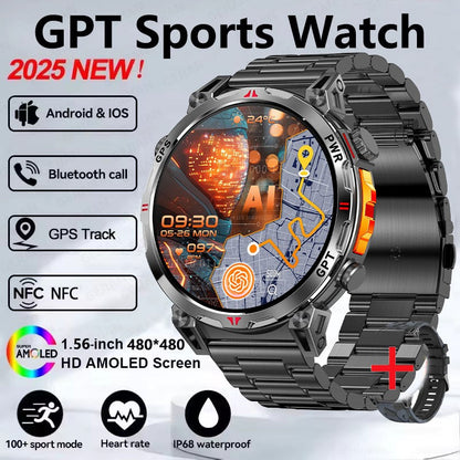 Smartwatch Esportivo 2025 com GPS, GPT, AMOLED de 1,56 polegadas, 488*488, Monitoramento de Frequência Cardíaca, Oxigênio no Sangue e Pressão Arterial, 3ATM