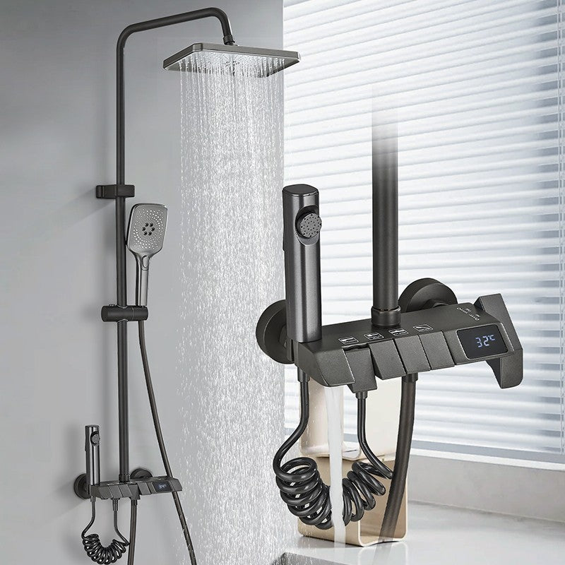 Conjunto de Torneira de Chuveiro Digital Inteligente Rozin Preto Estilo Piano Sistema de Banheiro Queda de Chuva Misturador Digital Cinza com Chuveirinho Bidê
