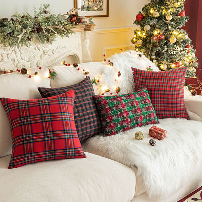 Home Christmas Decor Plaid Cushion Covers Red Checkered Polyester Cotton Xmas Ornament Snowflake Throw Pillowcase Decorative