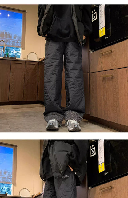 Heavy Winter Cotton Waterproof Splicing Lamb Fleece Cotton Pants for Men and Women, Solid Color Diamond Grid Embroidered Clip Co