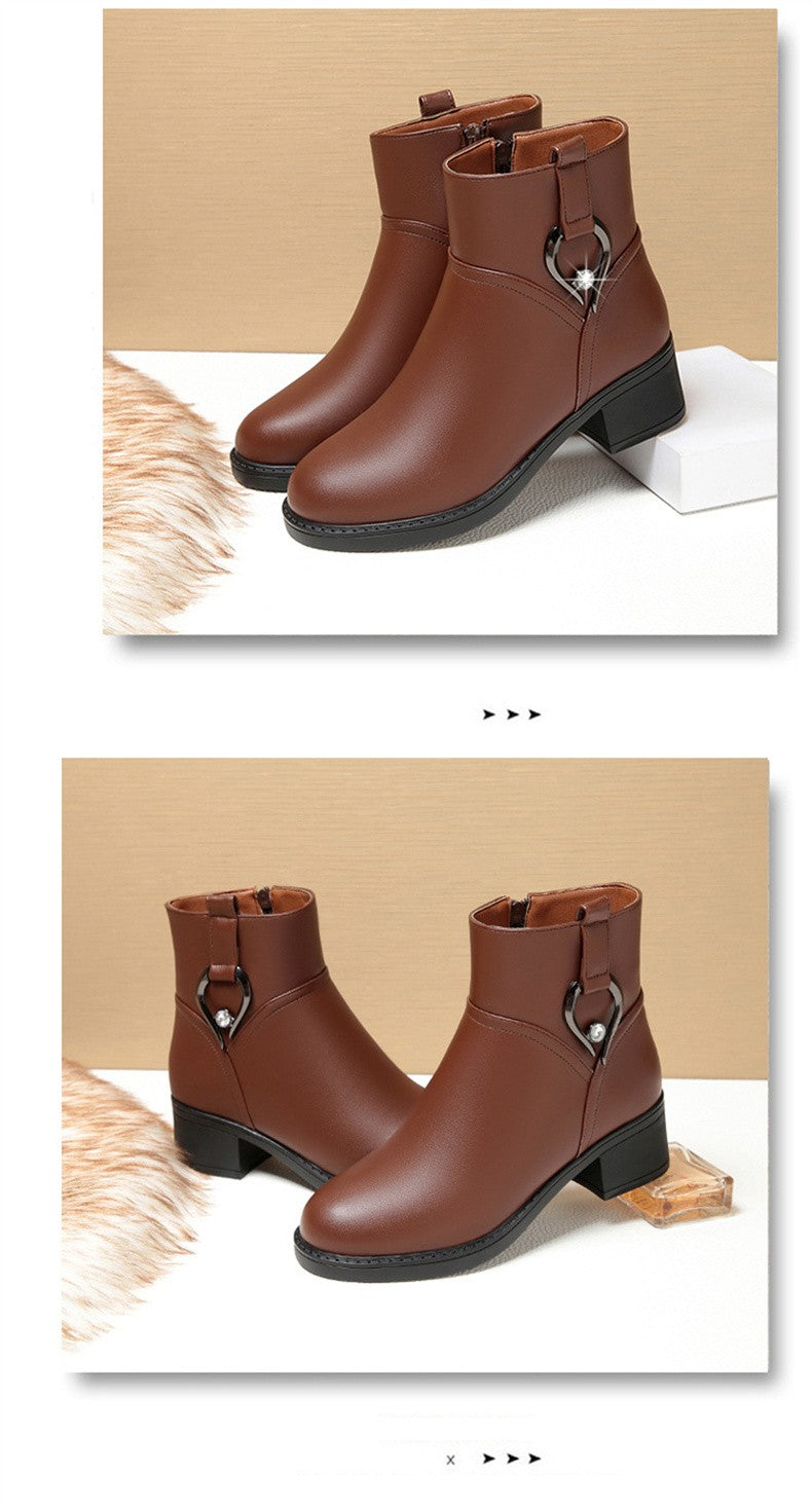 Women's Winter Waterproof Fashion Soft Leather Ankle Boots Mom Thick Plush Warm Cotton Shoes Thick Heel Platform Boots