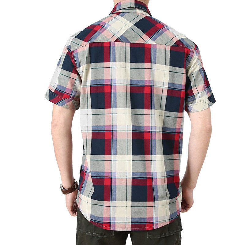 New Summer Men Short Sleeved Plaid Shirts Male Outdoor Multi Pockets Tooling Shirts Quality Man Cotton Loose Casual Cargo Shirts