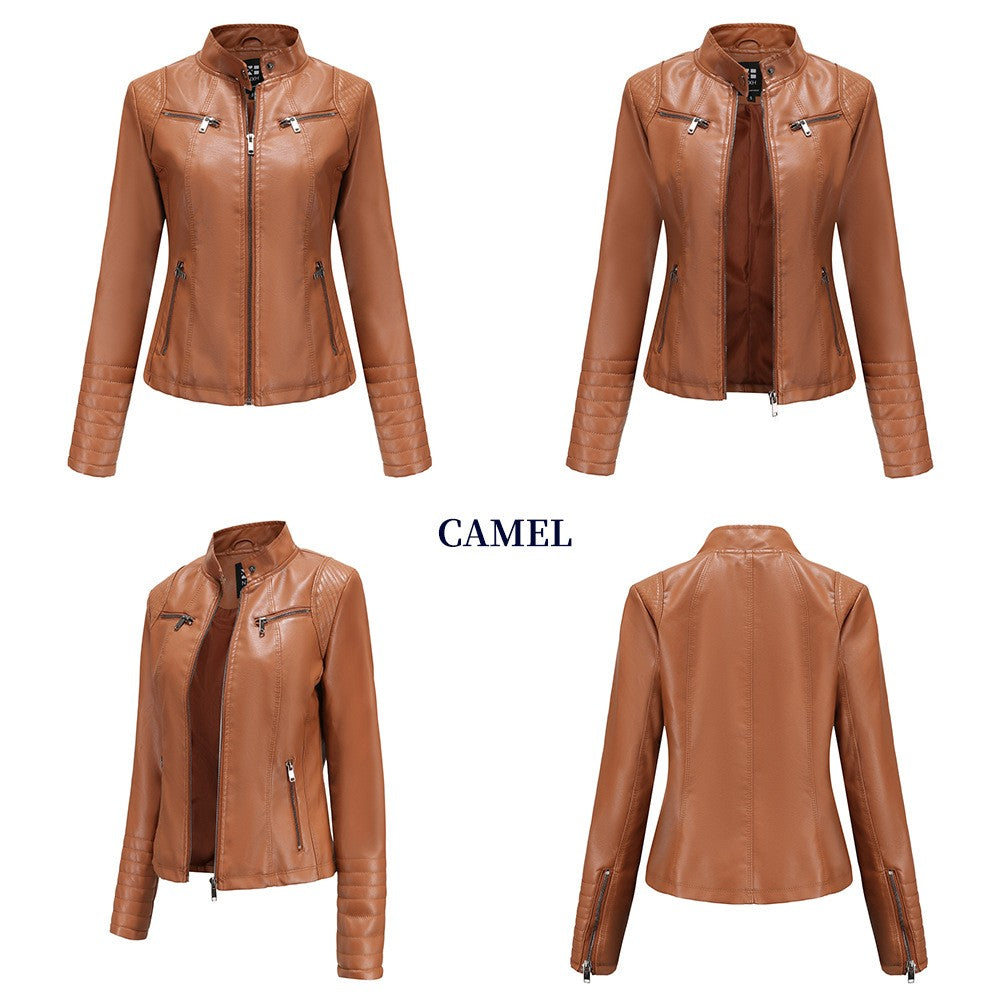 Women's Slim Leather Jacket, Stand-up Collar, Zipper Stitching, Monochromatic Coat, Fashion Clothing, New