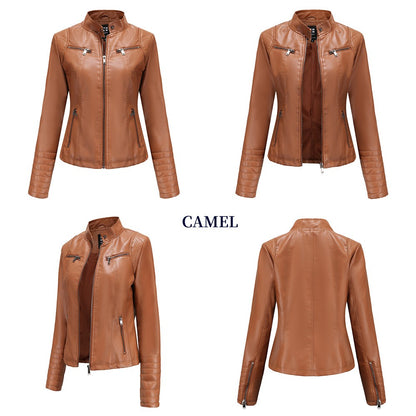 Women's Slim Leather Jacket, Stand-up Collar, Zipper Stitching, Monochromatic Coat, Fashion Clothing, New