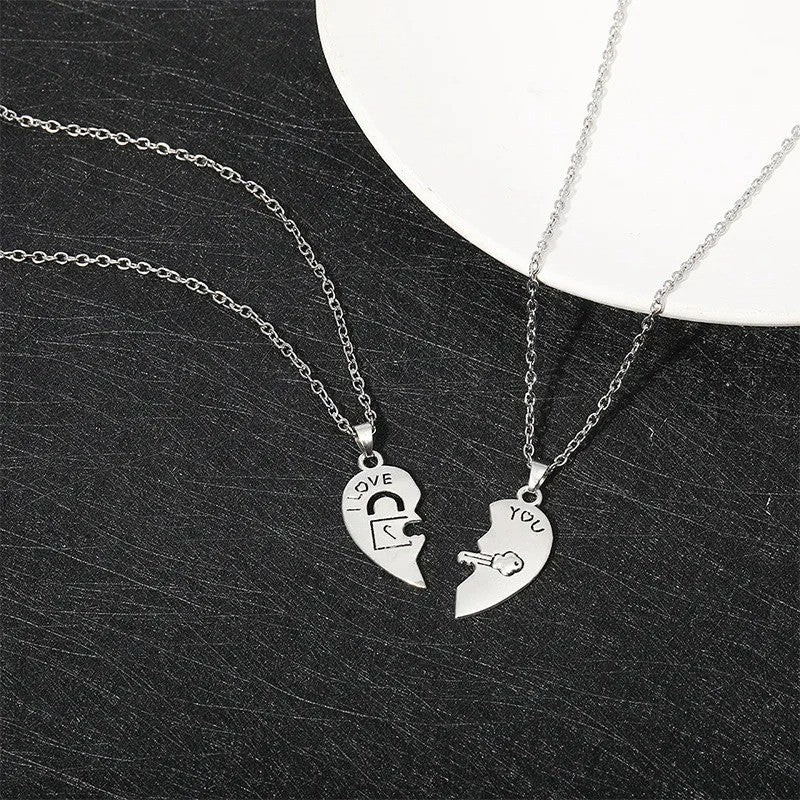 2 peças Fechadura de Casal Chave Coração Quebra-Cabeça Eu Te Amo Pingente Colar para Casal Colares com Pingentes para Namorados Joias de Presente para o Dia dos Namorados