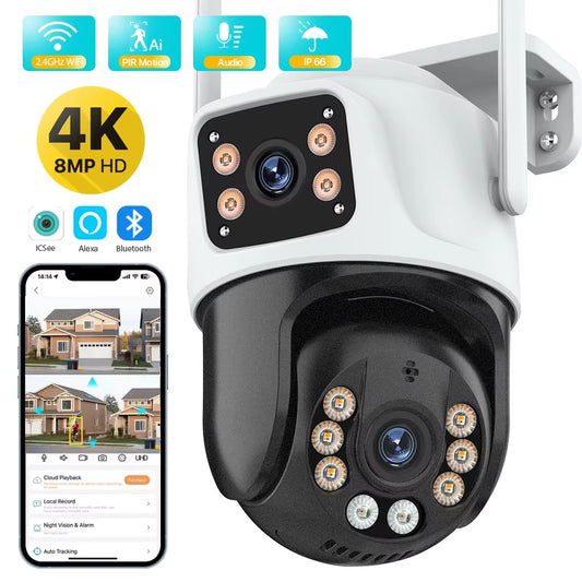 4K 8MP HD Wifi PTZ Camera Outdoor 6MP Dual Lens Dual Screen AI Auto Tracking IP Camera CCTV Audio Video Surveillance P2P iCSee