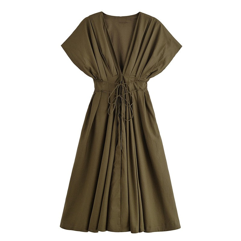 Summer Pleated A-line Midi Dress Women's Casual Lace Up Loose High Waist Solid R