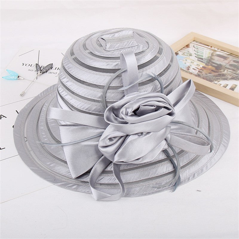 Chapéus de Sol de Organza Femininos Elegantes Chapéu Bucket para Mulheres Chapéu de Festa de Casamento na Igreja Chapéu Fedora Floral Grande de Aba Larga da Moda de Verão