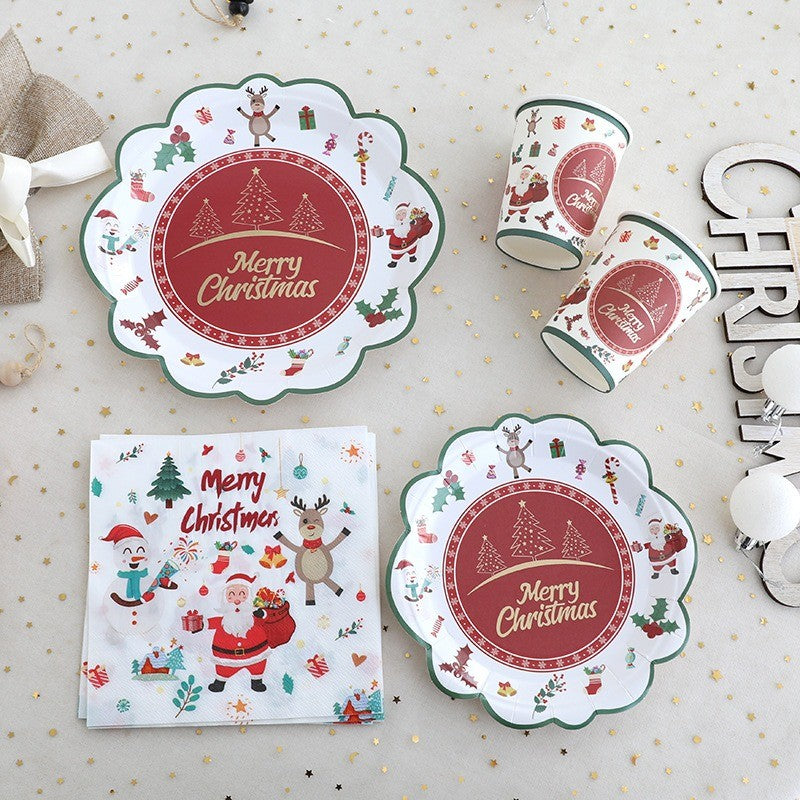 JUSTINLAU Christmas Cutlery Disposable Tableware Set Paper Plates Paper Cups Tissues Tablecloth Dining Plates Christmas Themed
