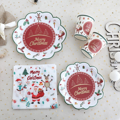 JUSTINLAU Christmas Cutlery Disposable Tableware Set Paper Plates Paper Cups Tissues Tablecloth Dining Plates Christmas Themed