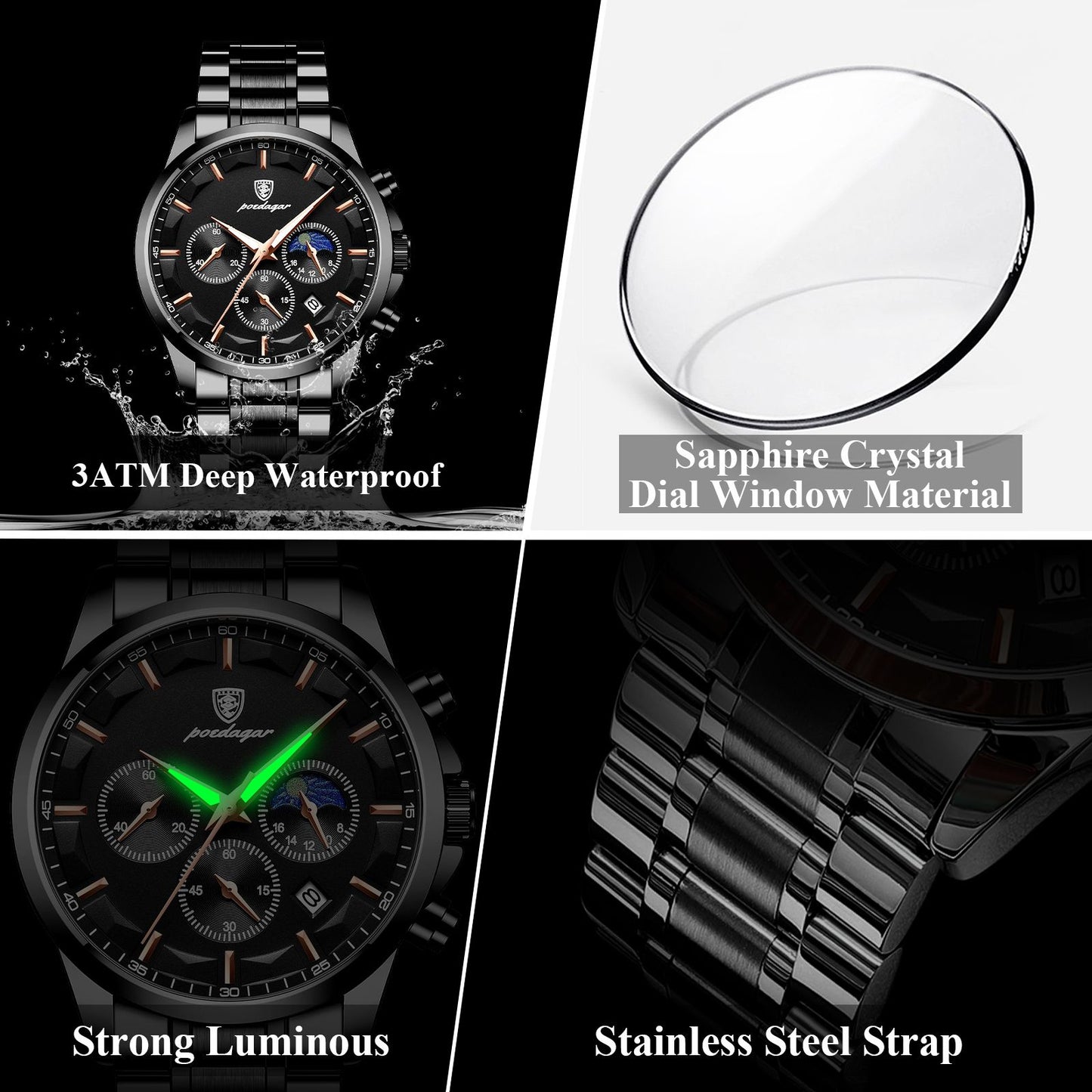 POEDAGAR Top Fashion Men's Watches Waterproof Luminous Stainless Steel Men Wristwatch Chronograph Date Quartz Business Man Watch